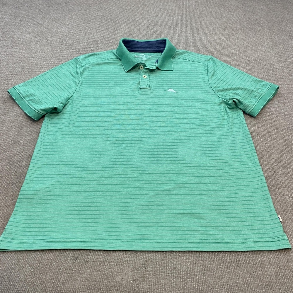 Tommy Bahama Polo Shirt Mens Large Green Stripe Short Sleeve Cotton Blend Casual